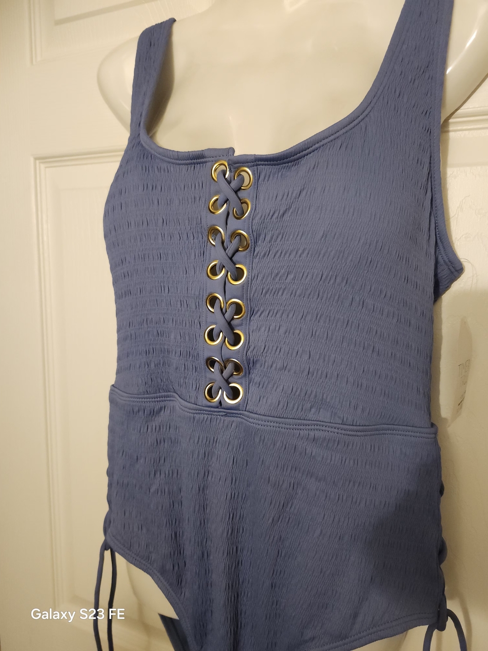 Time and Tru Dusty Blue Lace-Up One Piece Swimsuit